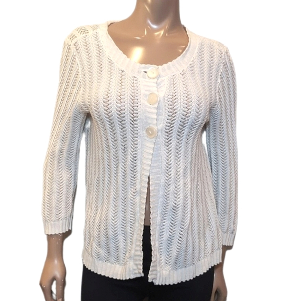Jones New York Open Knit Cardigan Sweater Size Small Long Sleeve White Buttoned